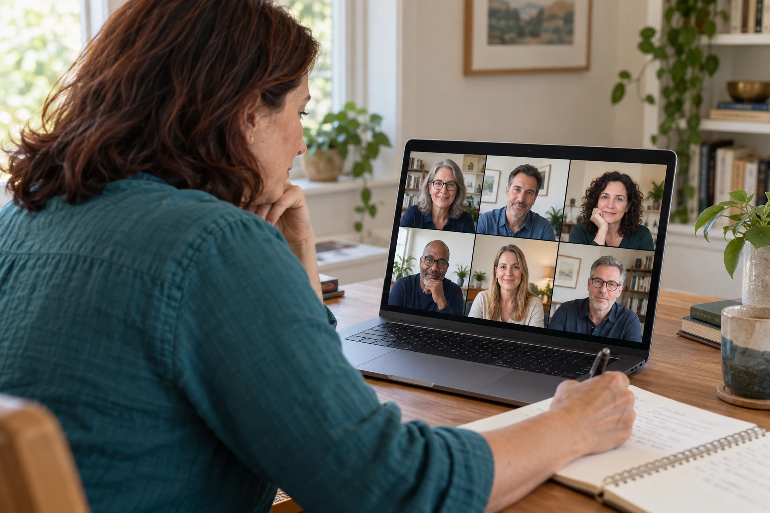 Illustrative small-group coach training during a live online video session.