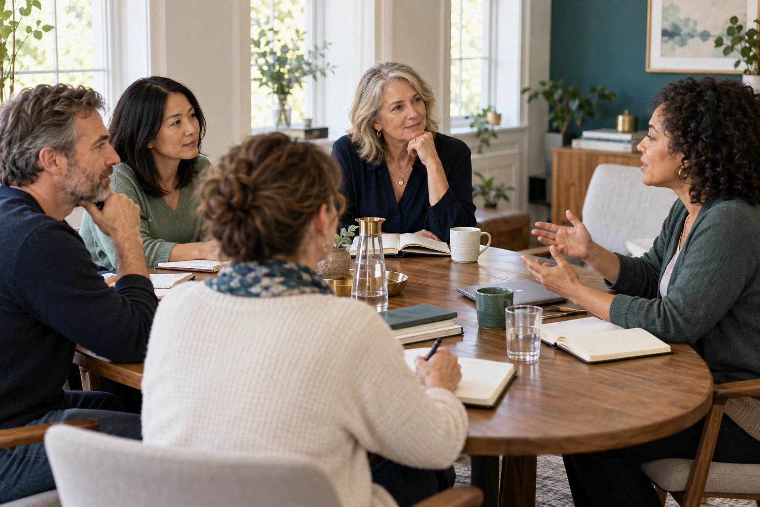 Illustrative small-group coaching practice, with adults listening and discussing ideas around a classroom table.