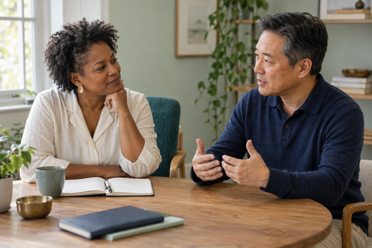 Illustrative professional coaching conversation with two adults listening and sharing ideas.